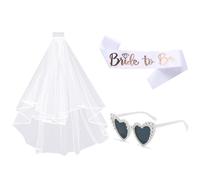Set di 3 Despedida de Soltera Accesorios-Velo Novia Despedida Soltera, Novia Satin Sash, Gafas de Sol Corazon de Perla Blanca, para Bodas, Compromisos y Despedidas de Soltera