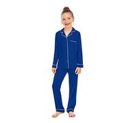 Set di pantaloni per bambina e ragazzo per bambini Completo pigiama in tinta unita a maniche lunghe Top con bottoni + pantaloni 2 pezzi Pigiama da notte Completo da notte 140 Blu reale 9-10 anni