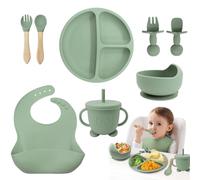 Set di Piatti per Bambini - Set di Stoviglie in Silicone Antiscivolo con Ventosa, 8 Pezzi Senza BPA con Cucchiaio, Forchetta, Ciotola, Bavaglino, Bicchiere, Tazza da Allenamento e Piatto
