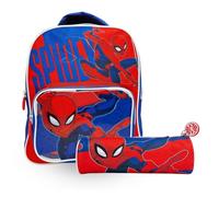 Set Escolar Infantil Spider-Man de 2 Piezas | Mochila con Bolsillo Frontal + Estuche Redondo Cilíndrico | Diseño Marvel Rojo y Azul