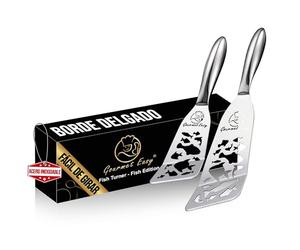 Set espátula cocina acero inoxidable | 1 espátula cocina grande para pescado + 1 espátula pequeña con mango ergonómico | Espátulas resistentes ideales para regalo