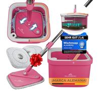 Set Fregona y Cubo con Sistema de 2 Compartimentos para Agua Limpia y Sucia, Fregona Autoescurrible con 2 Almohadillas de Microfibra, Mopa Plana de Limpieza y Fregasuelos, Rosa - ALANBERG®