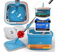 Set Fregona y Cubo con Sistema de 2 Compartimentos para Agua Limpia y Sucia, Fregona Autoescurrible con 2 Almohadillas de Microfibra, Mopa Plana de Limpieza y Fregasuelos, Azul - ALANBERG®