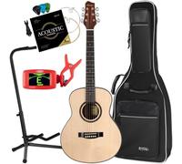Set guitarra Western Shaman BB1-N Lil'D Mini Jumbo: tapa abeto, fondo y aros caoba, mástil sapele. Incluye funda, soporte, afinador clip y cuerdas. Económico y completo.