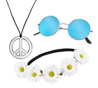 Set Hippie de 3 piezas con Diadema Flor | Collar Signo de la Paz | Gafas de Sol Niquel Redondas con Lentes Azules
