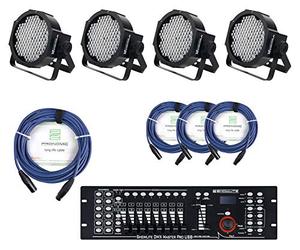 Set Iluminación 4x Showlite FLP-144 + Controlador DMX Master Pro USB + Cable. LEDs: 144x10mm RGB, Consumo: 15W, Voltaje: 90-240V 50/60Hz.
