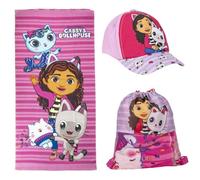 Set Infantil de Gabby´s Dollhouse - Color Rosa y Lila - Incluye Saquito de Tela, Toalla y Gorra - Estampado de Gabby, Pandy Paws y Kitty Fairy - Producto Original Diseñado en España