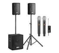 Set Karaoke Profesional con Micrófonos Inalámbricos UHF - Altavoces Potentes 800W con Subwoofer 12", Bluetooth, USB, Tarjeta SD y Soportes - para Fiestas, Clubes y Uso Profesional