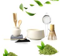 Set Matcha 9 Piezas Blanco Mate - Kit de Ceremonia del Té Japonés con Cuenco con Pico Batidor de Bambú 2 Cucharas Chashaku Cola de pez Soportes Paño y Tamiz