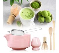 Set Matcha Behogan 6 piezas, Set Matcha con Batidor Matcha, Cuenco de Cerámica con Pitorro, Batidor de Bambú, Soporte de Cerámica para Batidor, Cuchara Matcha, Tamiz Matcha, Accesorios Rosa