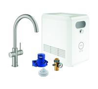Set mezclador monomando de fregadero Grohe Blue Professional, 224 mm de alcance, caños en C, con filtro y función de refrigeración., 31323DC2, Color: súper acero