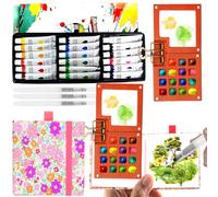 Set Mini Acuarelas Portatil, Mini Set Acuarela Portatiles y Paleta, Kit Acuarelas Portatil 18 Colores de Acuarela con Cuaderno de Bocetos y Pincel de Agua para Pintores, Artistas, Principiantes (Rosa)