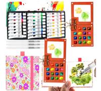 Set Mini Acuarelas Portatil, Mini Set Acuarela Portatiles y Paleta, Kit Acuarelas Portatil 24 Colores de Acuarela con Cuaderno de Bocetos y Pincel de Agua para Pintores, Artistas, Principiantes (Rosa)
