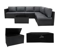 Set Modular de Ratán Negro 7 Piezas + Caja de 700L | Cojines Grises Extraíbles y Lavables | Mesa con Cristal Templado | Funda Impermeable | Resistente a Rayos UV | Ideal para Jardín y Patio