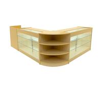 Set Mostradores Comerciales "ASTRO" | Arce| LM60 + 2xK1500 + TB60| MDF y vidrio templado | Estantes y puertas corredizas con cerradura | Fácil Montaje | Mostrador Recepción Expositor Comercial Mesa