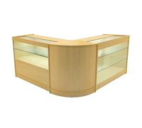 Set Mostradores Comerciales "HERA" | Arce | K1200+C1200+CM60 | MDF y vidrio templado | Estantes y puertas corredizas con cerradura | Fácil Montaje | Mostrador Recepción Expositor Comercial Mesa