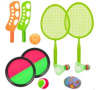 ColorBaby CB Toys 49543 - Juguetes Playa Set Multijuegos Niños, Incluye 2 Raquetas bádminton, 2 Volantes, 2 lanzadores, 2 Pelotas, 1 Balon de Rugby Blando, 2 Discos atrapapelotas, a Partir de 3 años