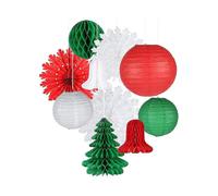Set Of 10 Snowflake Paper Fans Jingle Bell Xmas Tree Honeycomb Hanging Decorations (d-583-a)