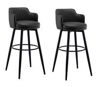 Set of 2 Black Swivel Bar Stools with Back and Arms Kitchen Island Counter Height Chairs Nappa Leather Upholstery Metal Legs and Footrest for Home Bar or Dining Room