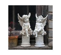Set of 2 Cherub Angels on Roman Pillar Garden Statue Greek Column Angel Figurine Sculpture Indoor Outdoor Home Garden Decoration Antique Resin 9.8"