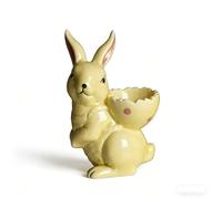 Set of 2 Hand-Painted Ceramic Easter Bunny Egg Holders Cute Rabbit Figurine with Egg Backpack Porcelain Breakfast Cup Stand Spring Table Decor Gift (White & Yellow)(Blanco)