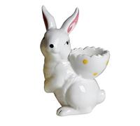Set of 2 Hand-Painted Ceramic Easter Bunny Egg Holders Cute Rabbit Figurine with Egg Backpack Porcelain Breakfast Cup Stand Spring Table Decor Gift (White & Yellow)(Yellow)