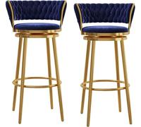 Set of 2 Luxury Velvet Swivel Bar Stools 75cm Counter Height Chairs with Curved Woven Back & Footrest Stylish Blue & Gold Metal Legs for Home Bar & Kitchen Island