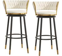 Set of 2 Luxury Velvet Swivel Bar Stools Counter Height Chairs with Curved Woven Back & Footrest Modern Kitchen Island Seating Stylish Home Bar Furniture (White 65cm Black Metal Legs)