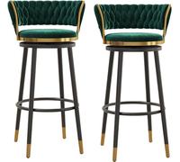 Set of 2 Luxury Velvet Swivel Bar Stools Counter Height Chairs with Curved Woven Back & Footrest Stylish Home Bar & Kitchen Island Seating (Green Black Metal Legs 75cm)