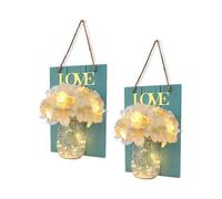 Set of 2 Mason Jars Sconce, Rustic Home Decor Wall Wood Art Sconces Hydrangea Flowers LED Fairy Lights for Country House Office Dining Room Decor (Blu