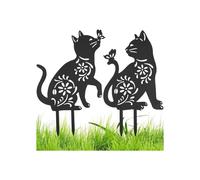 Set of 2 metal garden statues with silhouette of a black cat, decorative pole for garden, home decoration, yard, patio, garden
