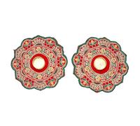 Set of 2 Red Decorative Mat Rangoli with T-Light Candle Holder Stand for Decorations Made up of Golden Embrodaries for New Year Gifting Idea Size 7"