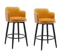 Set of 2 Swivel Bar Stools with Back & Arms Nappa Leather Counter Height Kitchen Island Chairs Black Metal Legs & Footrest Ideal for Home Bar & Dining Room (Color: Orange)