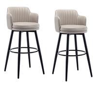 Set of 2 Swivel Bar Stools with Back & Arms Nappa Leather Upholstery Counter Height Black Metal Legs & Footrest Ideal for Kitchen Island Pub Dining Room Khaki Color