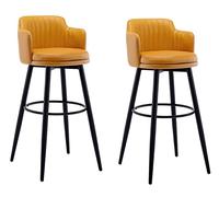 Set of 2 Swivel Barstools with Back & Arms Nappa Leather Counter Height Black Metal Legs & Footrest Stylish Kitchen Island & Home Bar Chairs (Orange)
