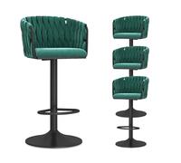 Set of 4 Adjustable Velvet Bar Stools with Woven Backrest Modern Swivel Counter Height Chairs for Kitchen Home Bar Dining Room Stylish Green Metal Base