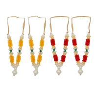 Set of 4 Mala Artificial Bead Ribbon Garland Small Idol Mala Pooja Sringar Article Ornament Indian Traditional Festival Holi Decorations Home Decor God Frame Housewarming(Size:-3")(Red,Yellow)