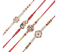 Set of 4 Rakhi for Brother Bhaidooj Tikka Rakhi Thread Bracelet for Bhai Bhabhi Bhaiya veera Raksha Bandhan Set Dora Bracelets with Rakhi for Brother Sister Indian Traditional Decorations