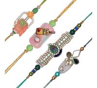 Set of 4 Rakhi for Brother Thread Bracelet for Bhai Bhabhi Bhaiya veera Bhaidooj Tikka Decorations Dora Set Bracelet with Rakhi Gift Card Pack for Brother Sister Indian Traditional Festival