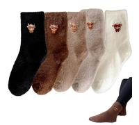 Set of 5 Cute Highland Cow Socks, Fuzzy Socks Winter Warm with Embroidered Cow Design, Plush Crew Sock for Women Man (Set B)