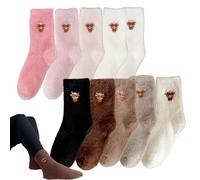 Set of 5 Cute Highland Cow Socks, Fuzzy Socks Winter Warm with Embroidered Cow Design, Plush Crew Sock for Women Man (Set C)
