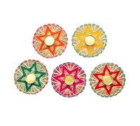 Set of 5 Decorative Mat Rangoli with T-Light Candle Holder Stand for Decorations (Red/Pink/Yellow/Green/Orange) Made up of Golden Embrodaries for New Year Gifting Idea Size 5"