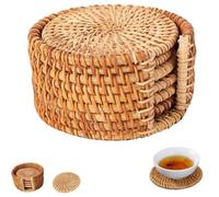 Set of 6 Hand Woven Rattan Coasters,Round Wicker Cup Mats with Cork Backing,Heat Durable Non Slip Drink Pads,Vintage Farmhouse Teapot Base,Home Bar Restaurant Decor (16cm/6.3in)