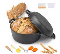 Set Olla de Hierro Fundido Dutch Oven para Pan 17 Piezas 26cm| Precurada & Lista para Usar | Tapa como Sartén & Olla | Cesta Fermentación Rascador Recetario | Inducción Gas Horno