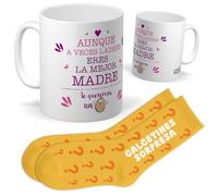 Set para Mamá | Taza Aunque A veces ladres eres la mejor madre + Calcetines Sorpresa | Regalo Original y Divertido para Mujer | Perfecto para Cumpleaños, Día de la Madre, Celebraciones Especiales