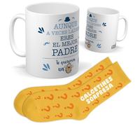 Set para Papá | Taza Aunque a veces ladres eres el mejor padre + Calcetines Sorpresa | Regalo Original y Divertido para Hombre | Día del Padre, Navidad y Ocasiones Especiales con Familia