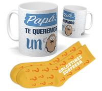 Set para Papá | Taza papá te queremos un huevo + Calcetines Sorpresa | Regalo Original y Divertido para Hombre | Pensado para Cumpleaños, Día del Padre, Navidad y Ocasiones Especiales con Familia