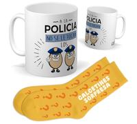 Set para Policías | Taza “A LA POLICÍA NO SE LE TOCAN LOS HUEVOS” + Calcetines Sorpresa |Regalo Original y Divertido para Hombre o Mujer | Perfecto en Cumpleaños, Navidad y Academia de Policía
