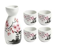 Set para sake de cerámica - Jarra para vino de arroz con diseño floral | Juego de sake tradicional japonés de cerámica con 1 jarra con diseño floral (6 x 13 cm) y 4 tazas a juego para vino,