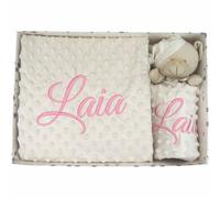Set Personalizado con su Bordado, y Osito extrasuave + doudou Osito Aterciopelado, Lavable, en Relieve (Beige)